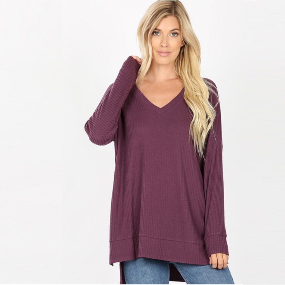 Eggplant Waffle Knit V-Neck Sweater - Picture 1 of 9